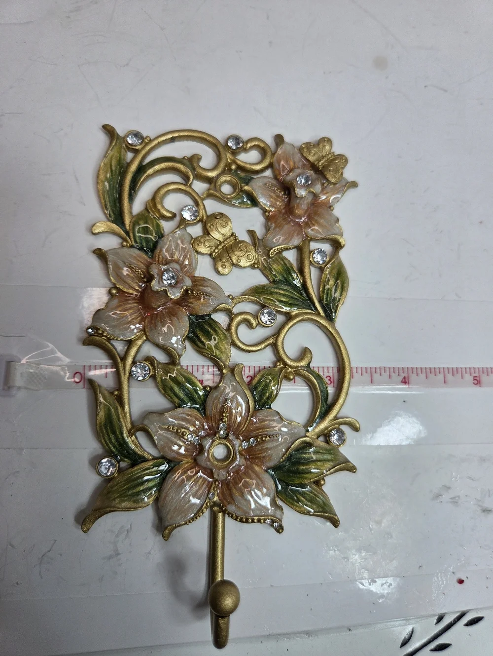 Floral Gold Wall Hook with Pink Blossoms Home decor Accent cottagecore metal